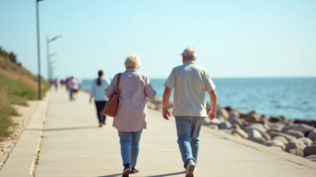 Seniorzy spacerujący po nadmorskiej promenadzie z widokiem na morze