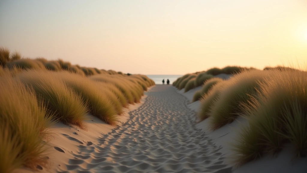 Plaża Jurata, wydmy z martwicą, mało ludzi, dzika natura, morze na horyzoncie, wieczorne światło