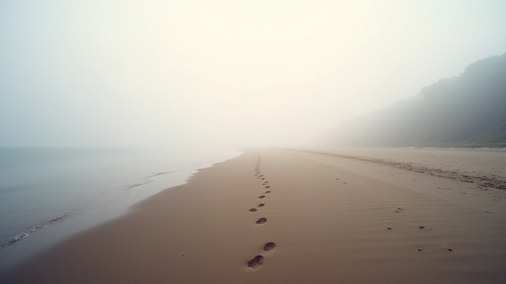 Poranny spacer na plaży, mgła nad morzem, ślady stóp na piasku, spokojny dzień