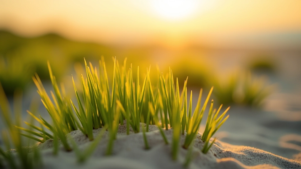 Zbliżenie na marram grass rosnącą na piasku, zielone źdźbła na złotym tle