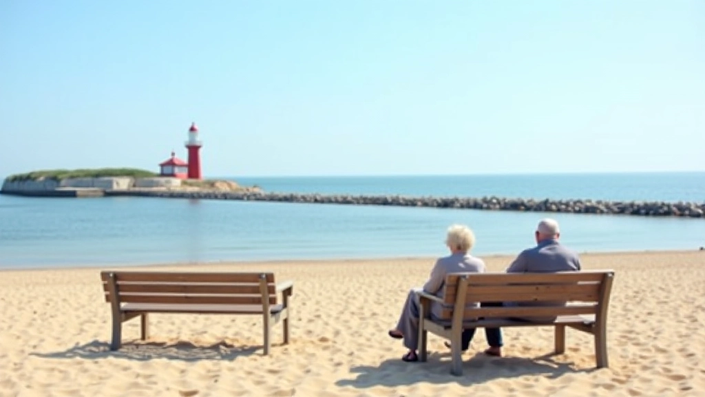 Plaża Orłowo, falochron z czerwoną latarnią, spokojne morze, ławki na piasku, słoneczny dzień
