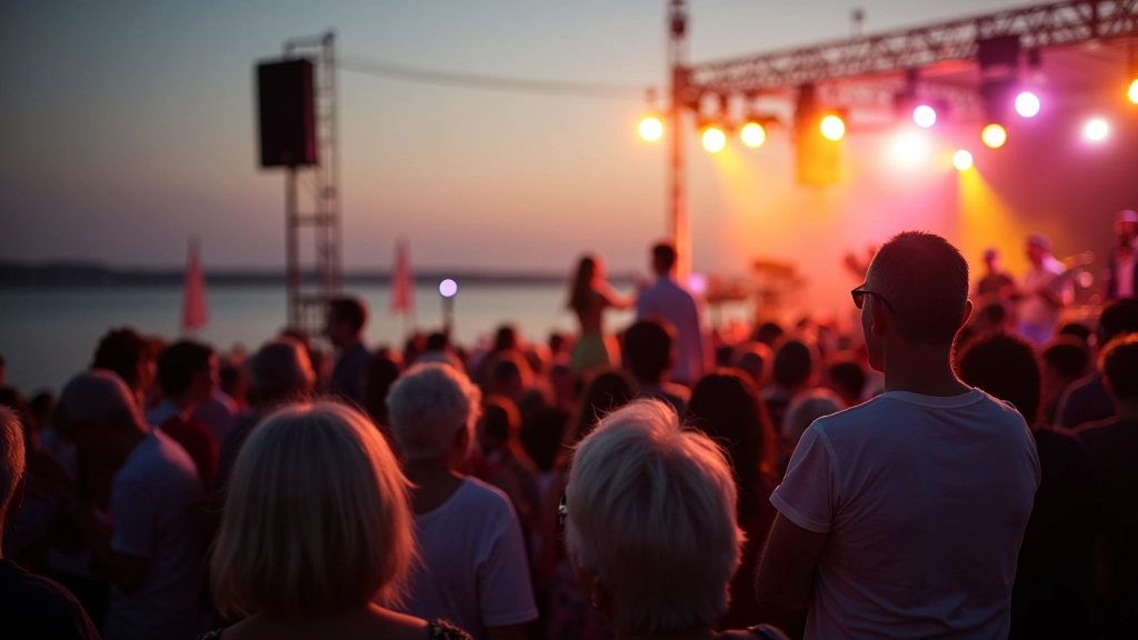 Sceną w plenerze nad morzem, ludzie słuchający muzyki, wieczorne światła