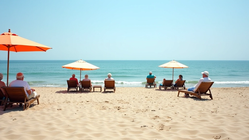 Piaszczysta plaża z parasolami słonecznymi, emeryci siedzący na ławkach, spokojne morze