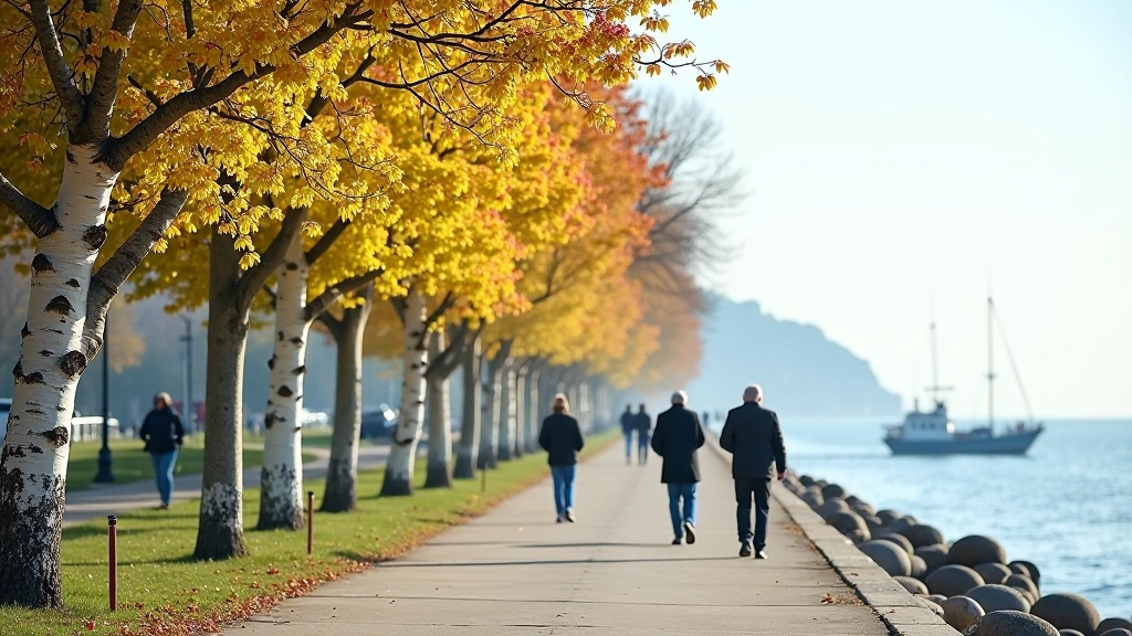 Promenada w różnych porach roku: wiosna z kwiatami, lato z turystami, jesień z żółtymi liśćmi, zima ze śniegiem