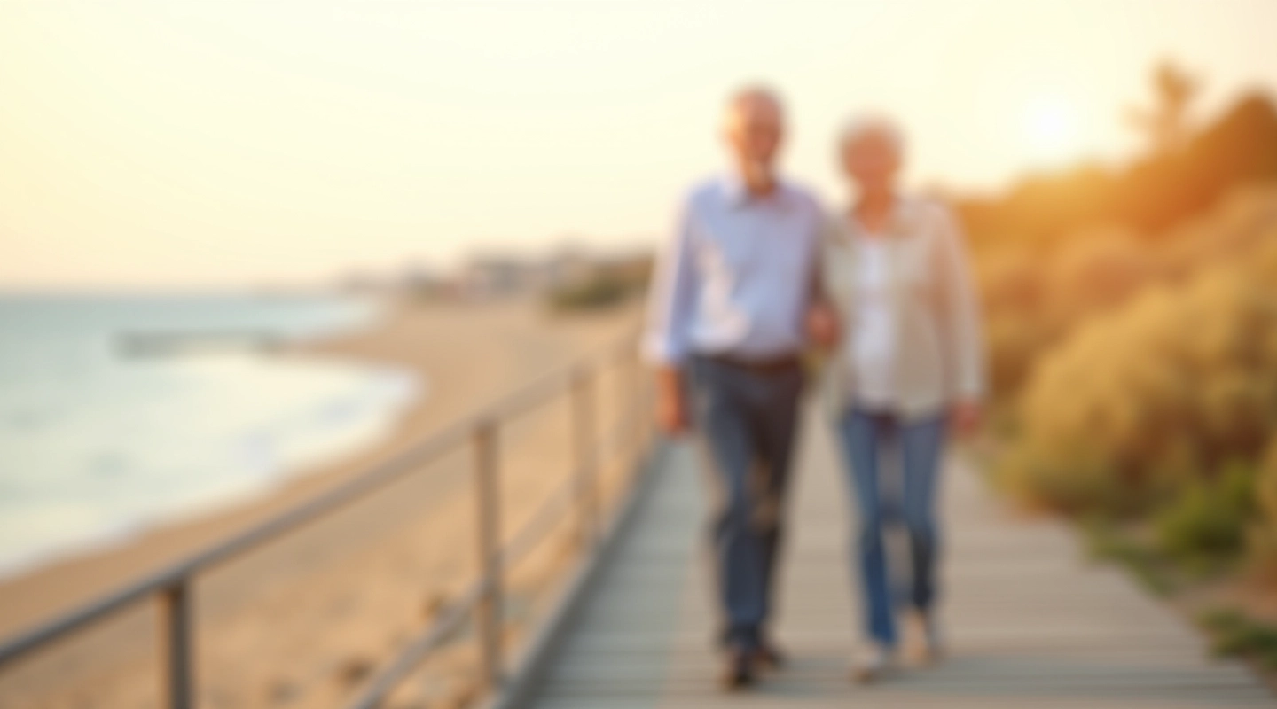 Seniorzy spacerujący po promenadzie nadmorskiej, słoneczny dzień nad Bałtykiem, fale w tle