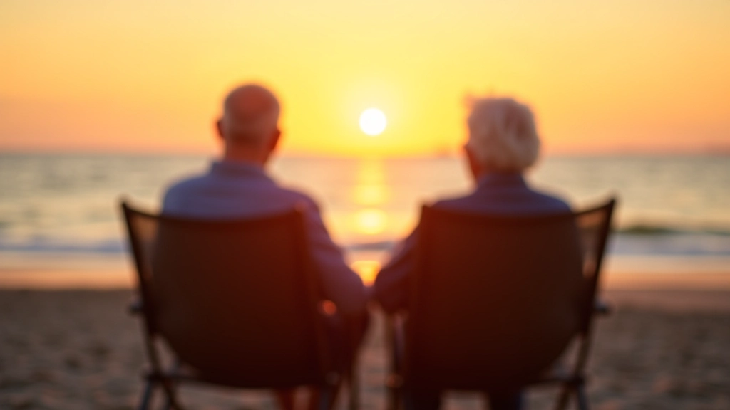 Seniorzy siedzący na ławkach na plaży, obserwujący zachód słońca, spokojny wieczór, wiatra wkład czapki