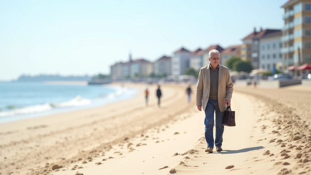 Szeroka piaszczysta plaża w Pucku, promenada z budynkami w tle, seniorzy na spacerze, widok na morze
