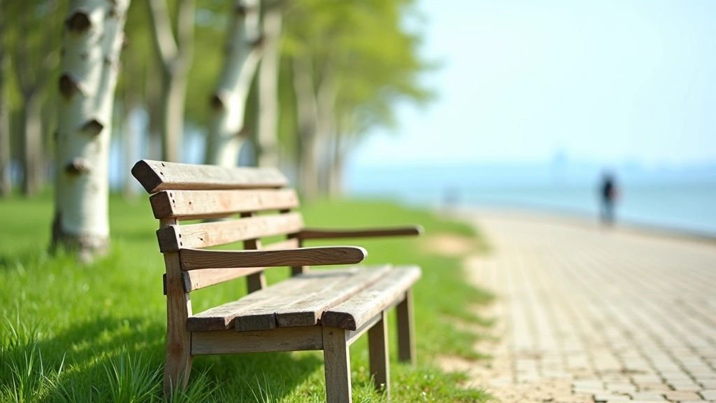 Drewniana ławka na promenadzie z podłokietnikami, widok na morze, brzozami w tle, zielona trawa, słoneczny dzień