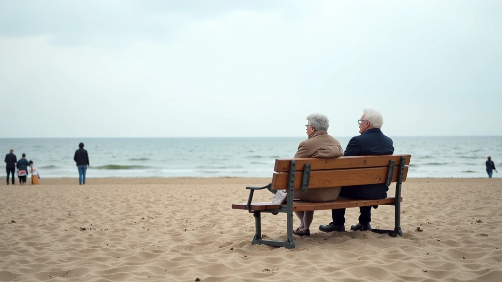 Drewniane ławki na plaży Władysławowa, widok na spokojne morze Bałtyku, mało ludzi na piasku